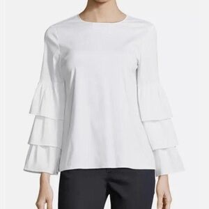 Lafayette 148 New York White Cotton Ruffle Long Sleeve Blouse Size medium
